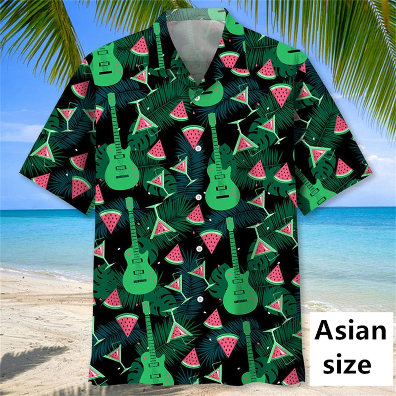 Men Hawaiian shirt by Ansoff with 3D tropical plant, music guitar prints, casual beach style, button-up vacation clothing.