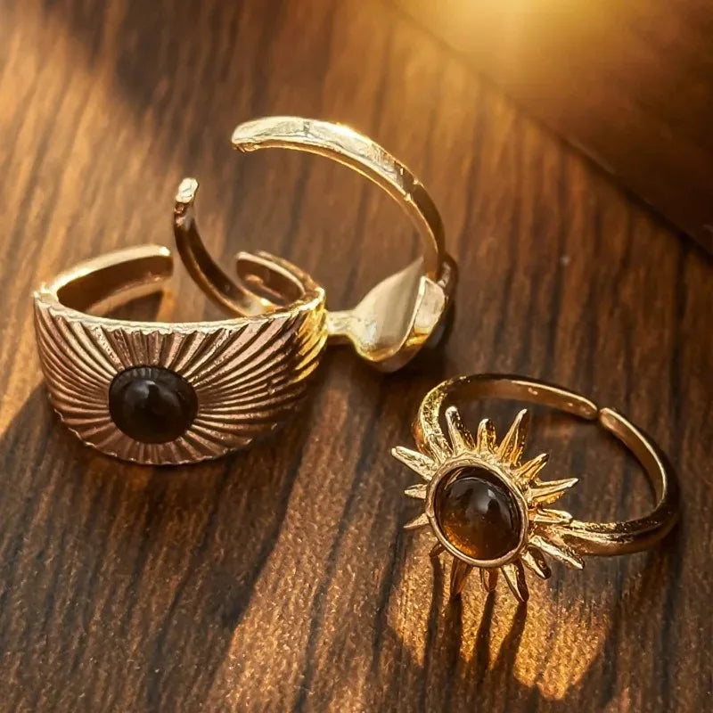 Retro Brown Stone Rings for Women - Irregular Gold Color Adjustable Ring Fashion Jewelry Gifts - Acros