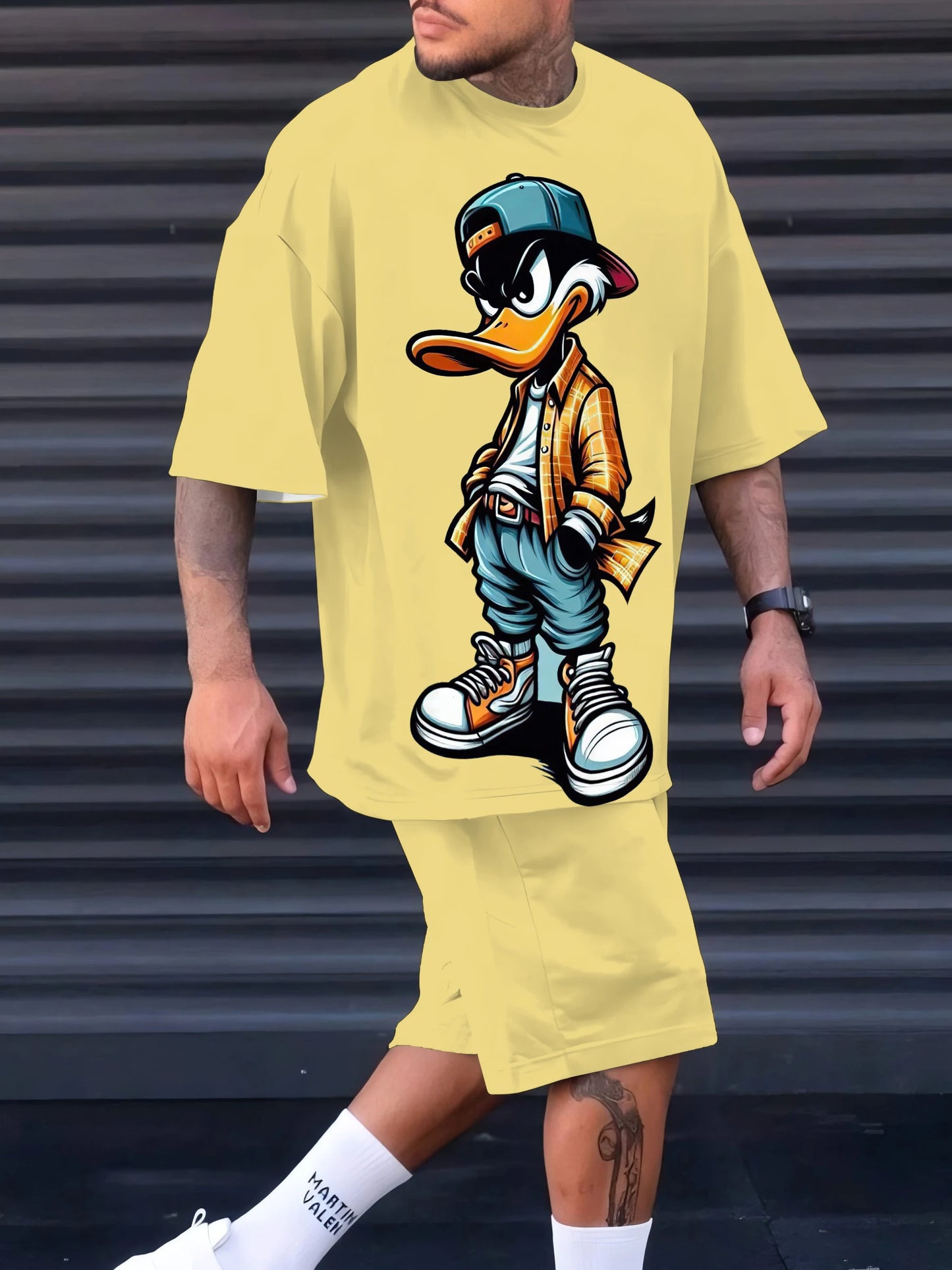 Men's 2025 summer suit by Ansoff with cartoon duck print, casual polyester fabric, stylish and comfortable men's fashion wear.
