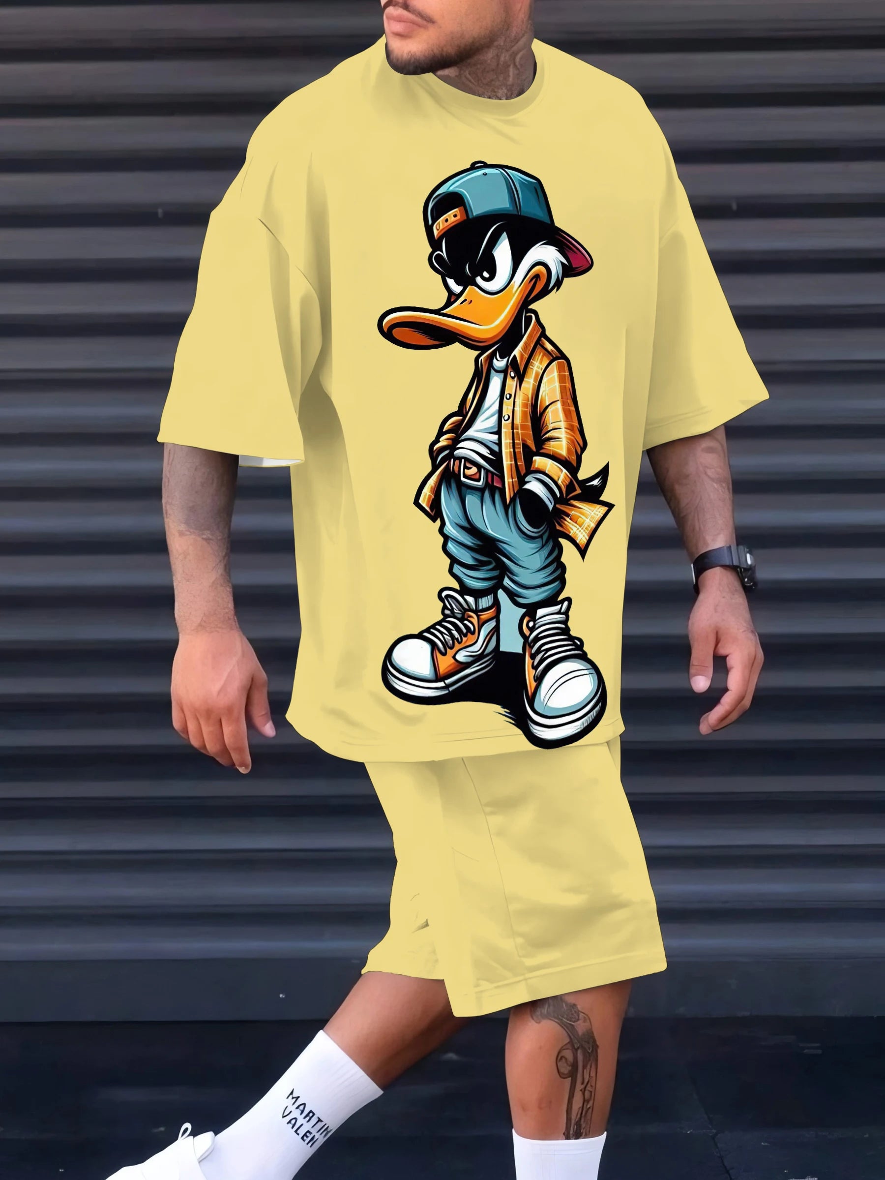 Men's 2025 summer suit by Ansoff with cartoon duck print, casual polyester fabric, stylish and comfortable men's fashion wear.