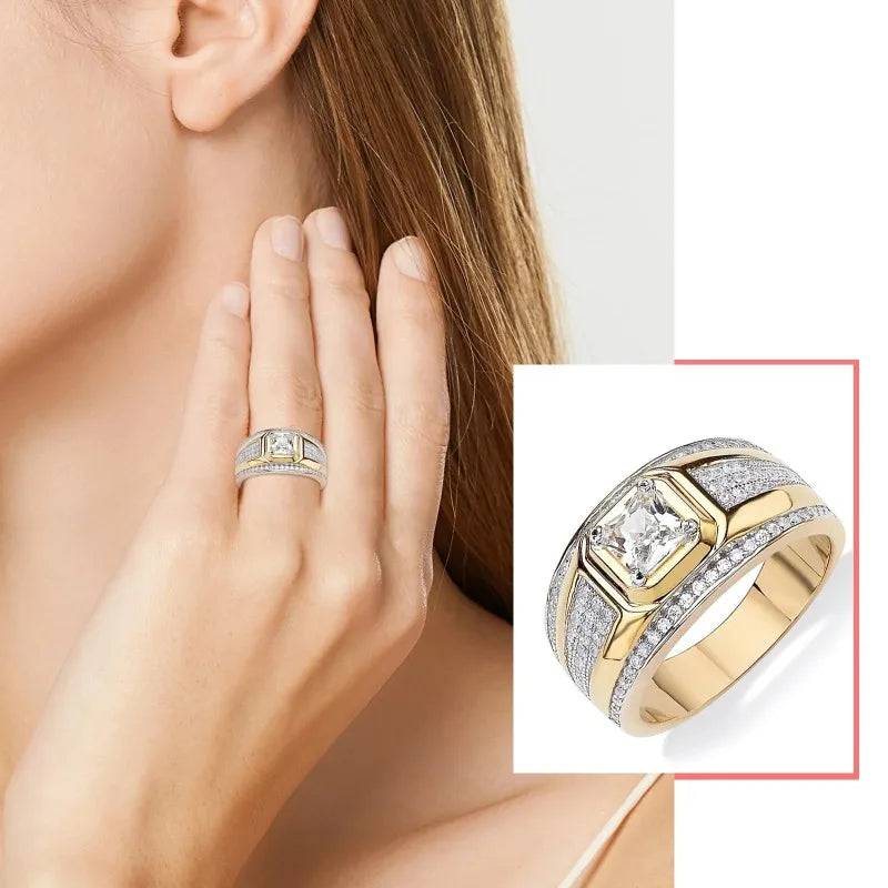 New Yellow Gold Rectangular Diamond Luxury Large Ring Male Ring Stamp with Diamond Party Popular Men's Business Birthday Gift