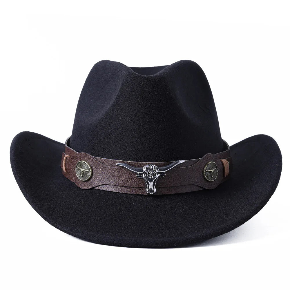 Ansoff cowboy hat with cow head design, monochrome felt, large brim outdoor hat for men and women, stylish knight-inspired accessory.