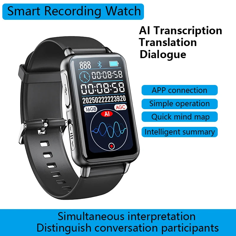 Ansoff smart recording watch with AI transcription and translation features, displaying a sleek black bracelet design.