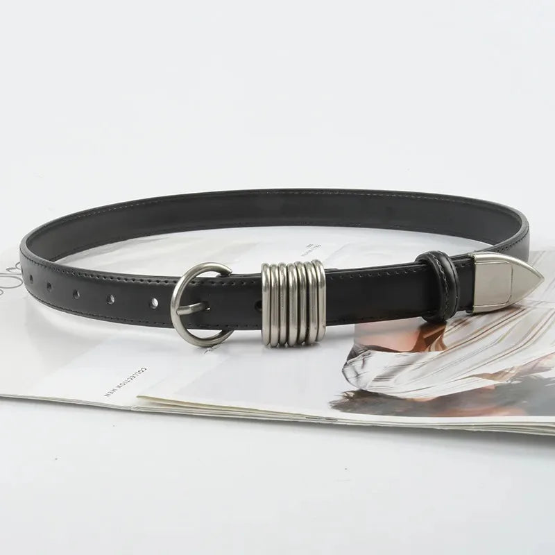 Black leather belt with needle metal buckle, two-layer cowhide design, suitable for women and men, casual and dress jeans wear