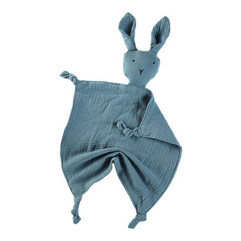 Soft gauze baby soothe blanket with rabbit design, ideal as a teether, burp cloth, or cuddly comfort towel for infants.
