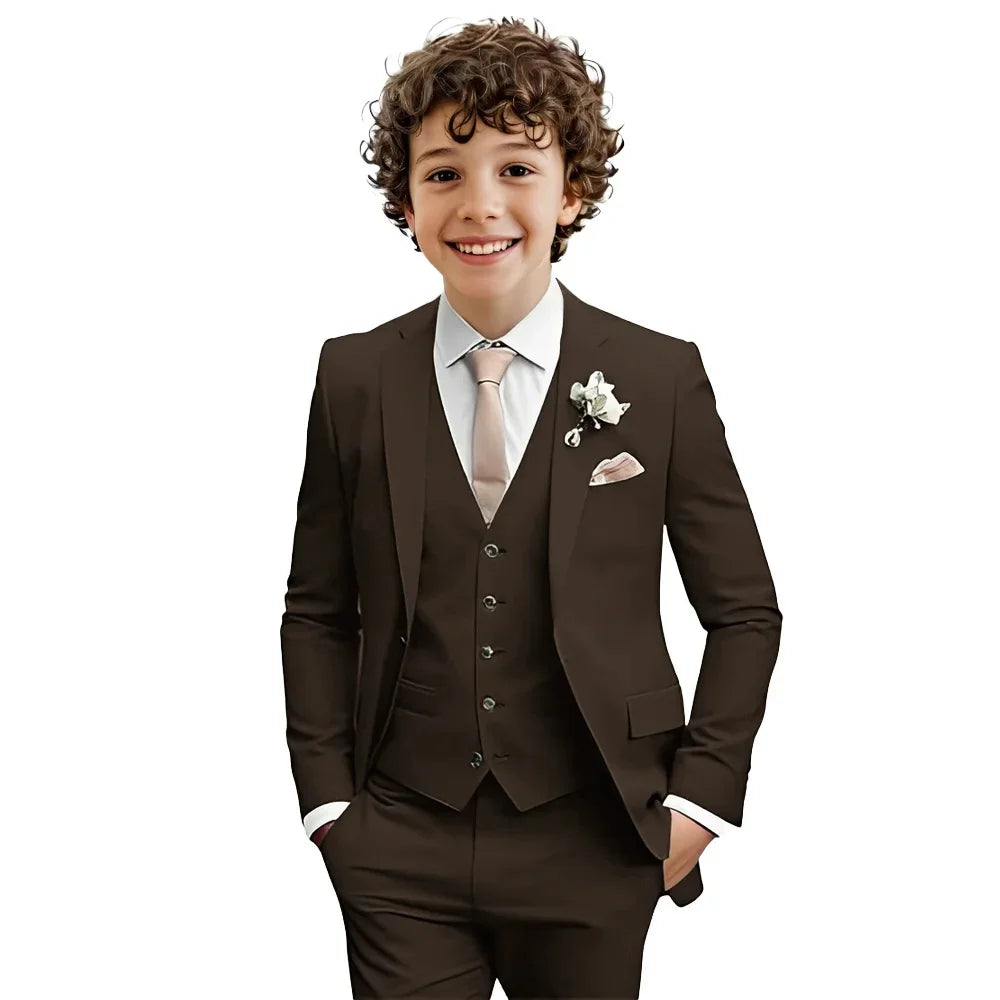 Multi-color boys' 3-piece formal suit set by Ansoff, includes tuxedo jacket, vest, and pants, suitable for weddings and parties.