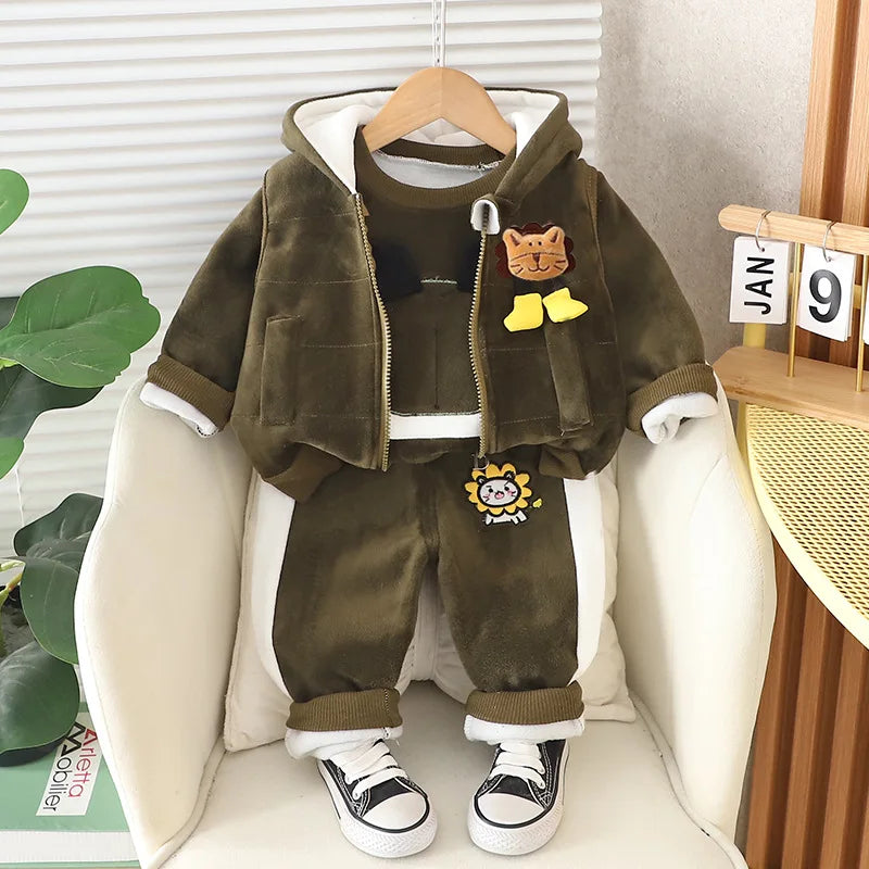 Baby Animal Clothes Sets For Boys Baby Outfits Children Boys Cartoon Lion Hooded Jacket+Top+Pants 3Pcs Set Infant Kid Tracksuits