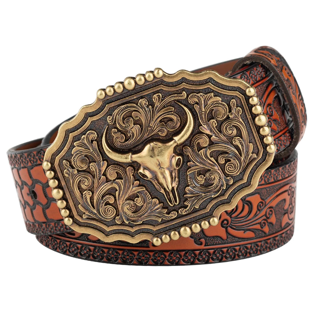 Cow Head Buckle Bronze Embossed Leather Belt