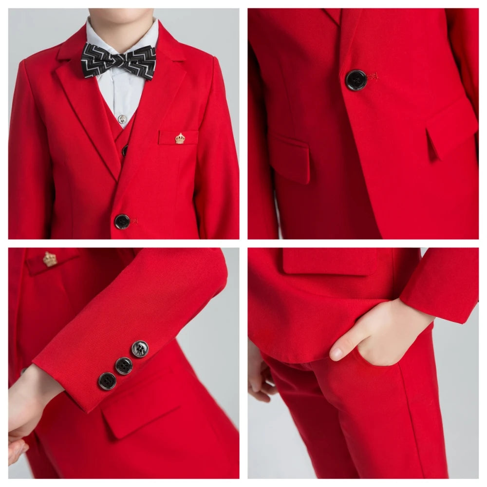 Red kids suit set by Ansoff, elegant boys' suit for Christmas, New Year, school opening, or piano performance, featuring a stylish design.