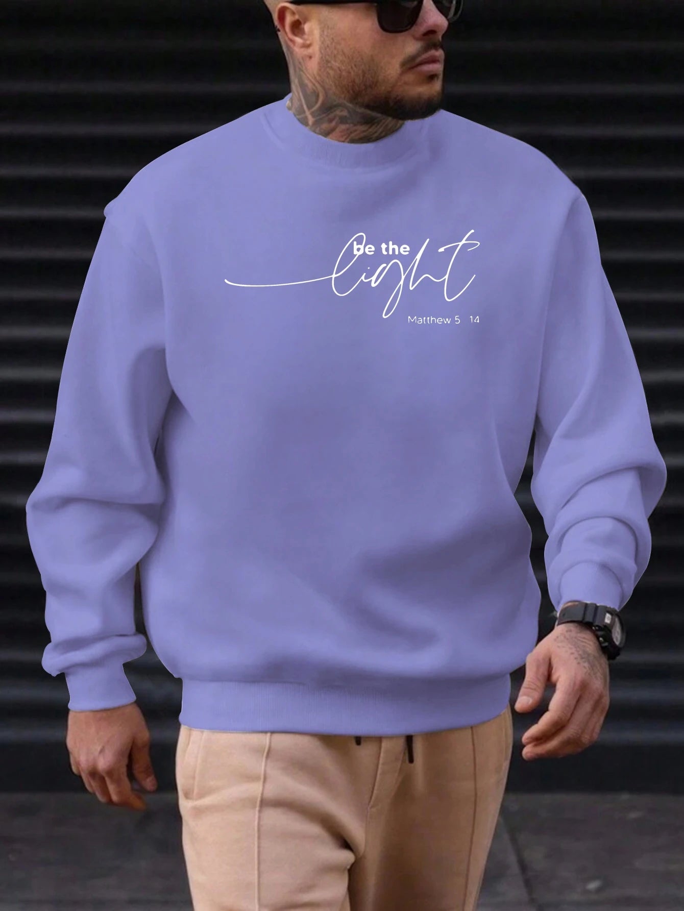 Men's Sweatshirt 2025 New Arrival Minimalist Cozy Relaxed Fit Elegant Calligraphy “Be the Light” Matthew 5:14 Quote Top - Acros