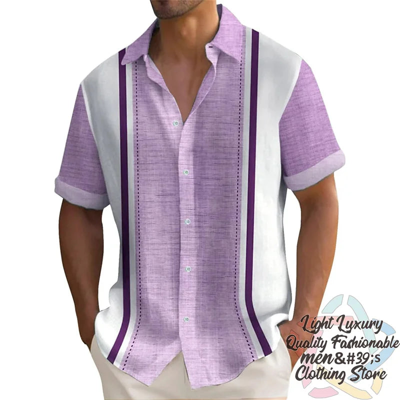Men's short-sleeved linen shirt with summer striped Hawaiian print, oversized casual top, from Ansoff, featuring a collar and button front.