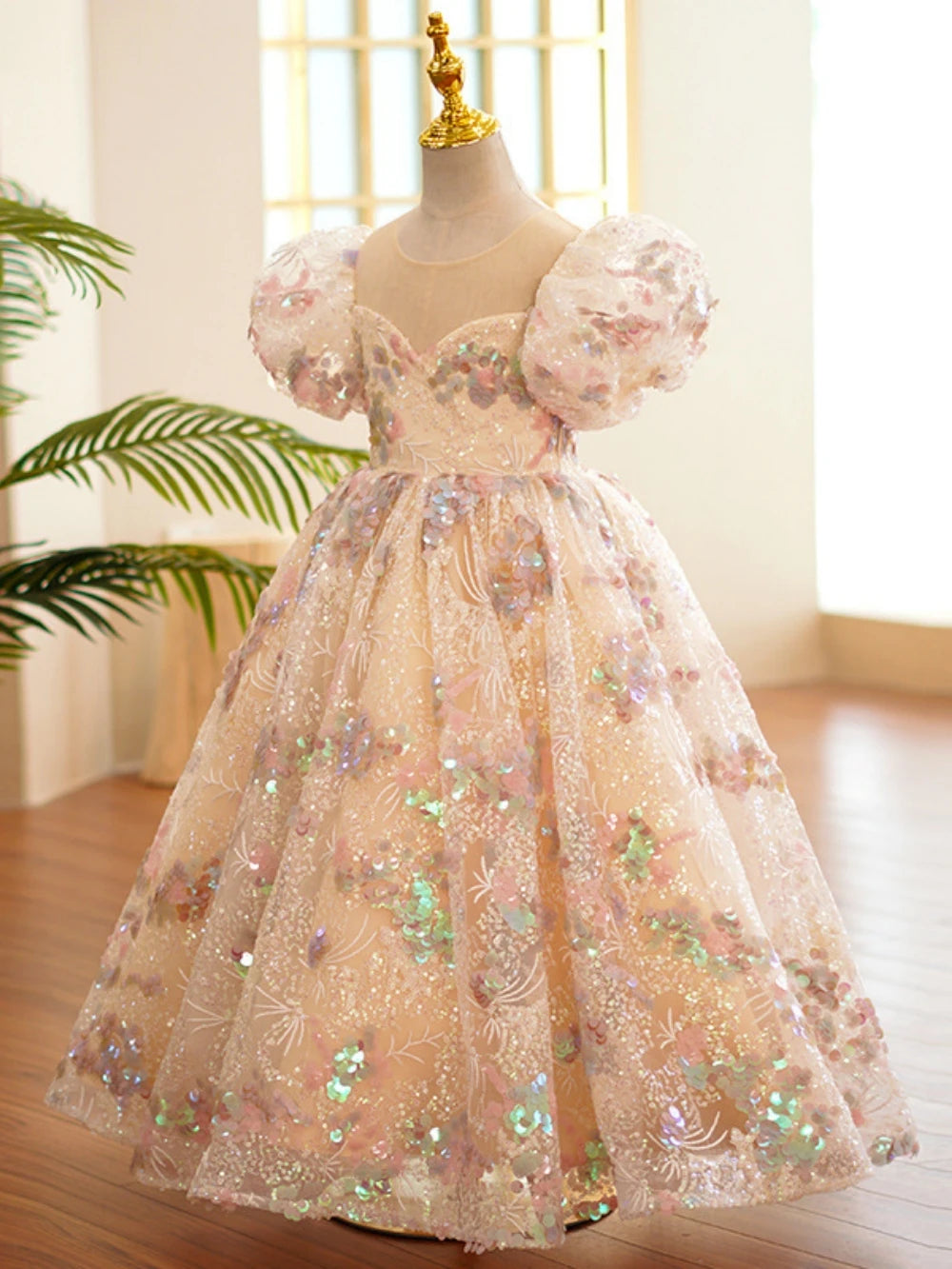 Ansoff sequined puff sleeve flower girl dress with O-neck, princess style, suitable for weddings, birthdays, or piano performances.