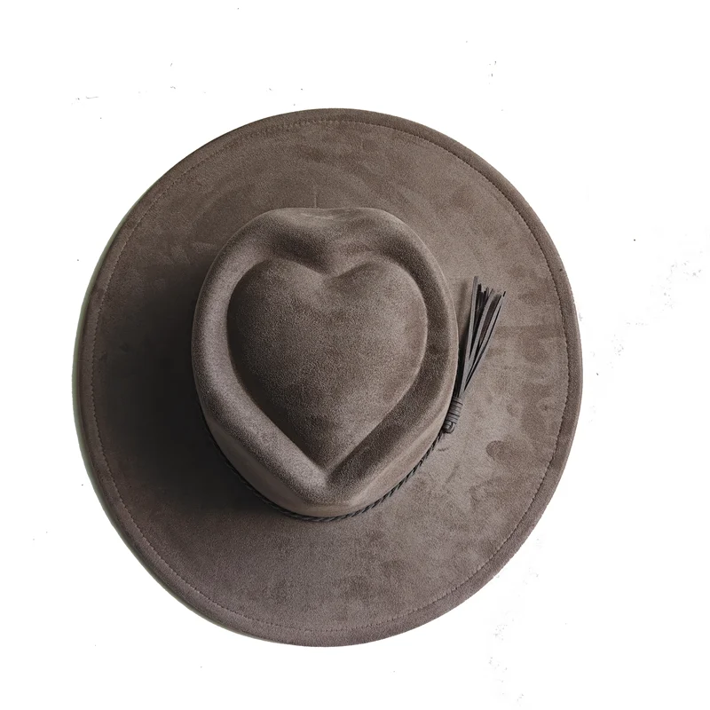 Dark turquoise suede fedora hat with heart and arrow embroidery, suitable for men and women, ideal for autumn and winter wear.