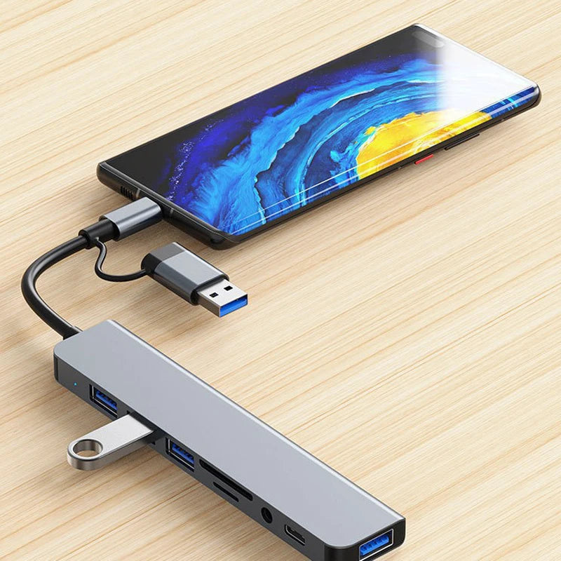 Ansoff 8-in-2 USB and Type C hub docking station with 3.5mm audio jack, micro SD card reader, and multiple ports on a sleek black device.