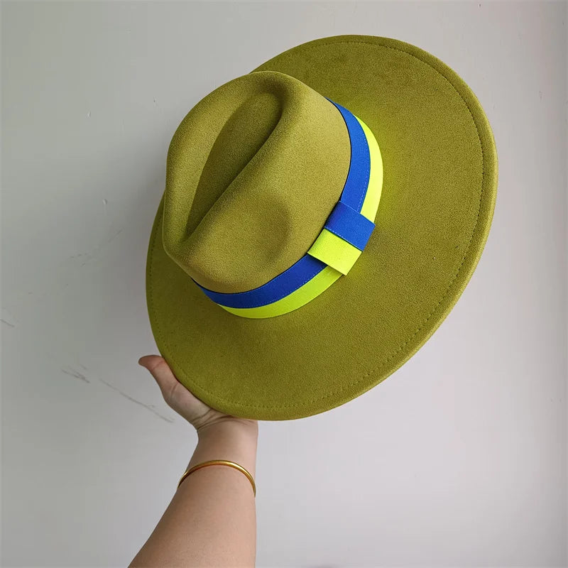Colorblock ribbon suede felt hat by Ansoff, women's wide brim British style autumn winter retro men's gorras in vibrant colors