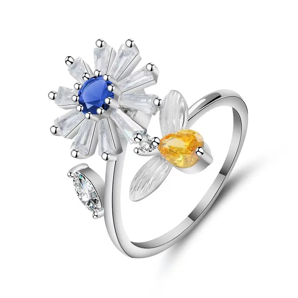 SMJEL Fidget Spinner Ring Anxiety for Women Multiple Crystal Flower Eye Butterfly Animal Ring Rotate Anti Stress Wedding Jewerly