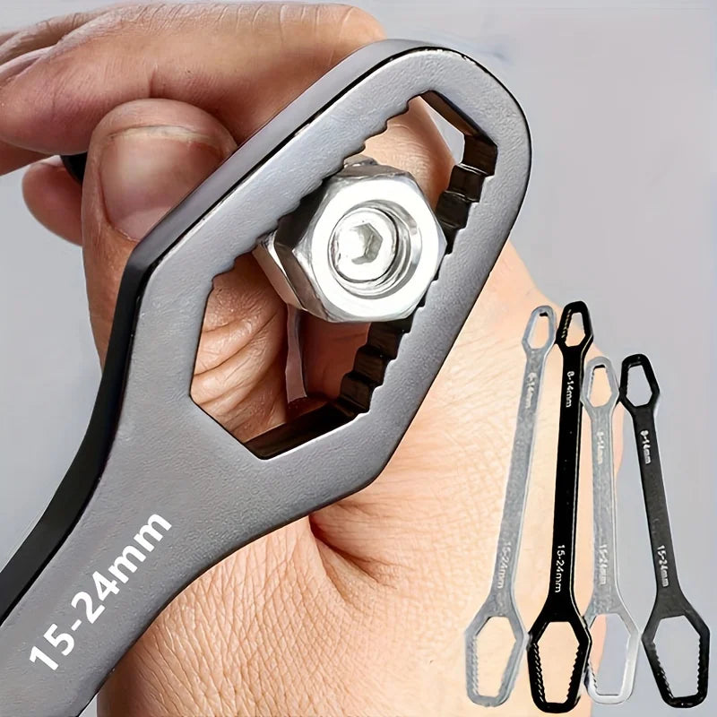 Ansoff universal double-ended wrench with adjustable ratchet heads, self-tightening, for 3-17mm screw nuts repair and tightening.