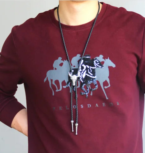Adjustable Bull Head Five Stars Western Cowboy Bolo Tie Rodeo Dance Necktie Faux Leather Pendant Necklace