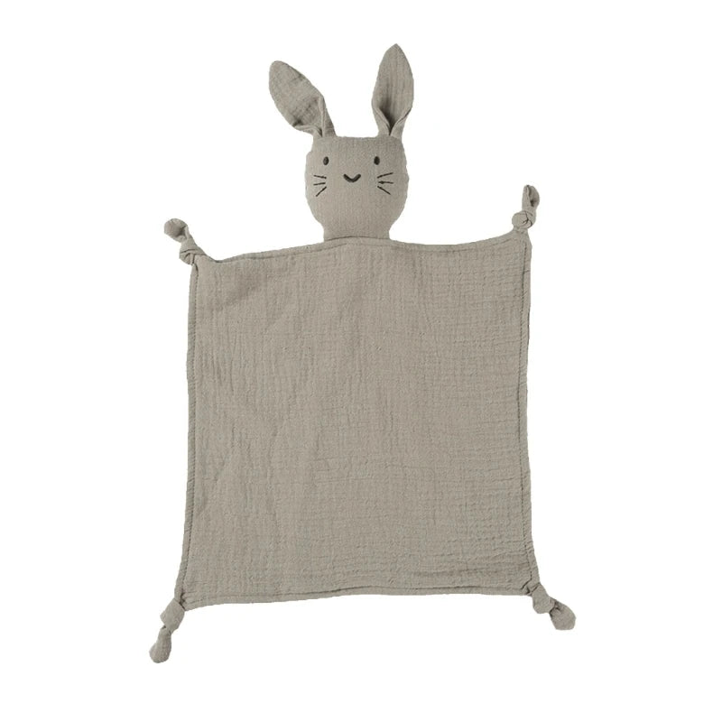 Soft gauze baby soothe blanket and burp cloth with rabbit design, ideal for cuddling, teething, and comforting infants.