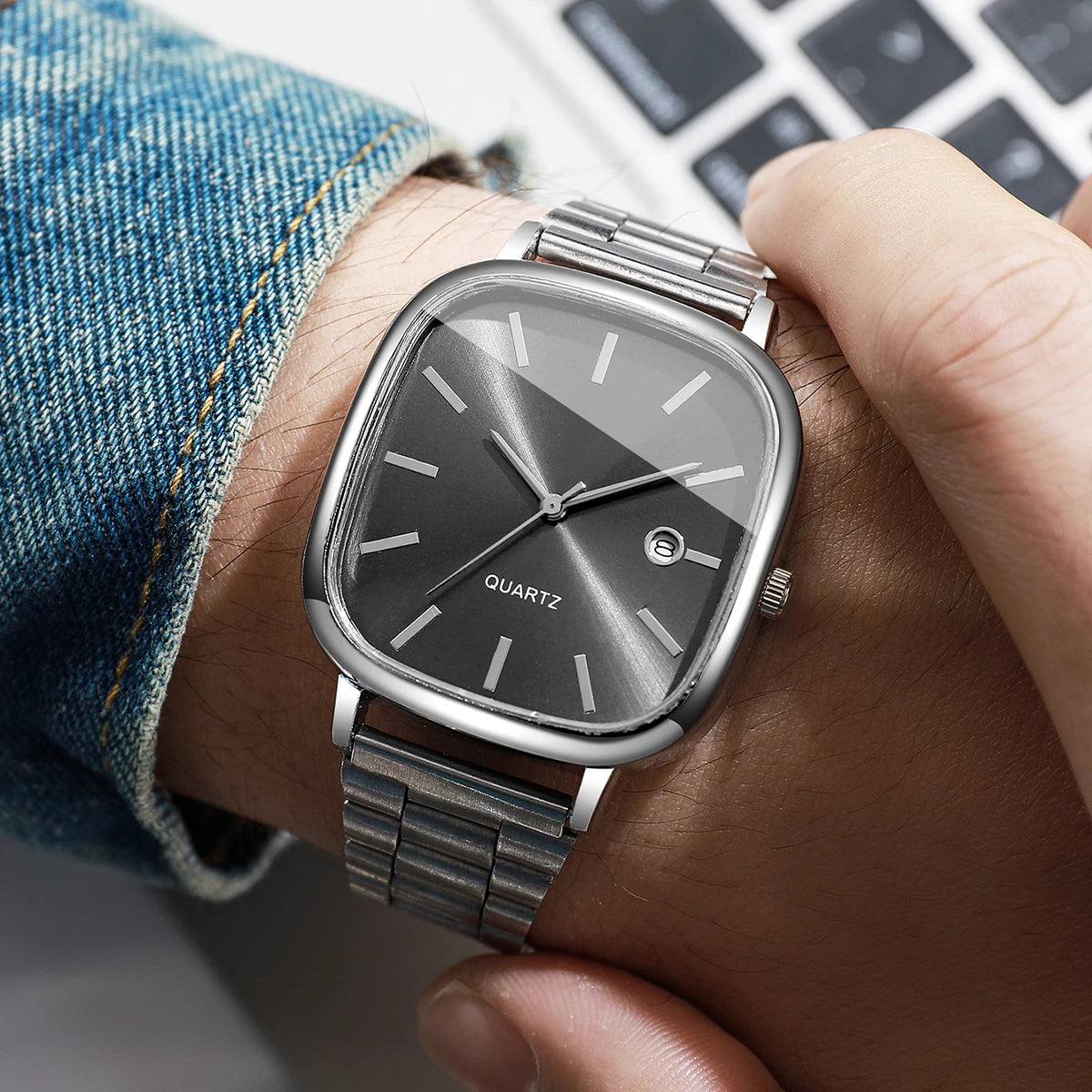 Ansoff men's square business watch with analog display, calendar function, quartz movement, black strap, and minimalist design.