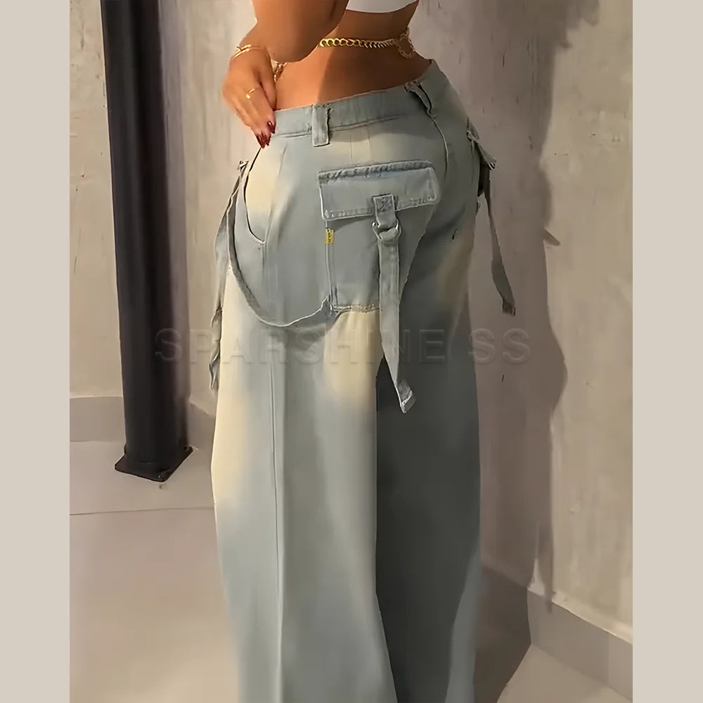 Ansoff women's straight jeans with vintage washed denim, mid waist, loose fit, wide leg style, long streetwear denim pants