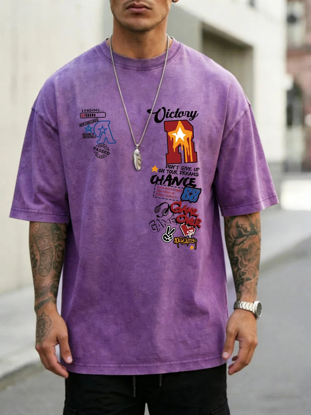 Men's oversized cotton sports letter jersey print T-shirt with washed finish, short sleeves, O-neck, casual summer top by Ansoff.