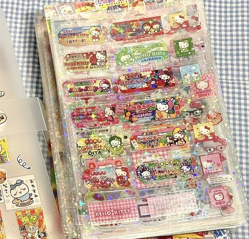 Set of 5 Ansoff Hello Kitty and Rilakkuma cartoon die-cutting stickers featuring cute cat designs with flashing laser effects.
