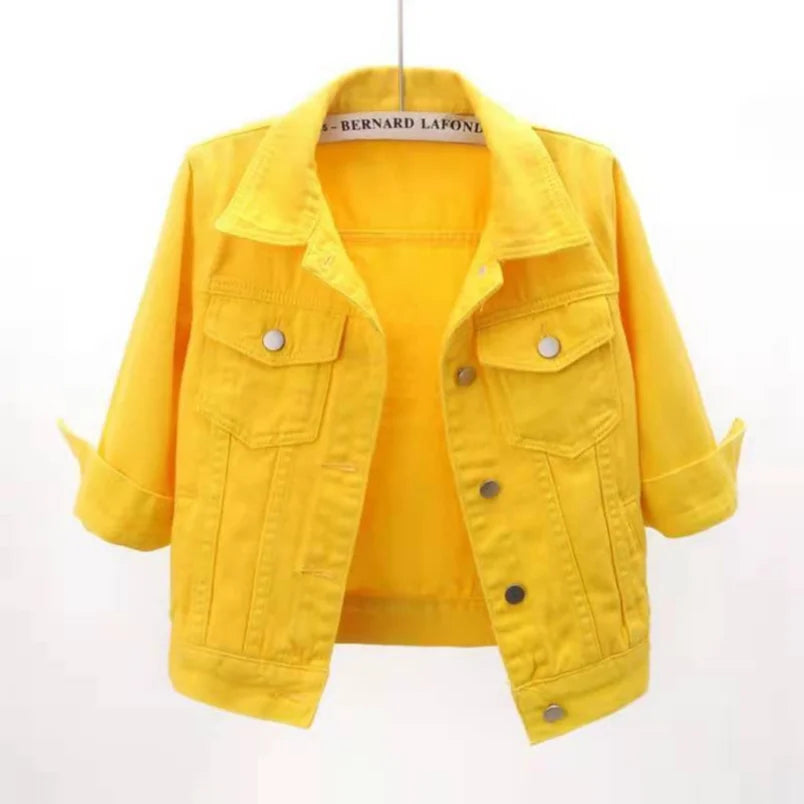 Pink women denim jacket by Ansoff, casual spring and autumn short coat with purple and blue accents, loose fit outerwear.