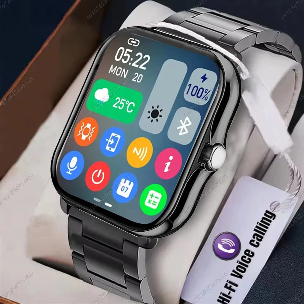 Ansoff smart watch with 2.01-inch HD display showing call, message preview, weather forecast, and sport modes on a sleek black band.