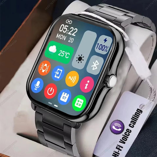 Ansoff smart watch with 2.01-inch HD display showing call, message preview, weather forecast, and sport modes on a sleek black band.