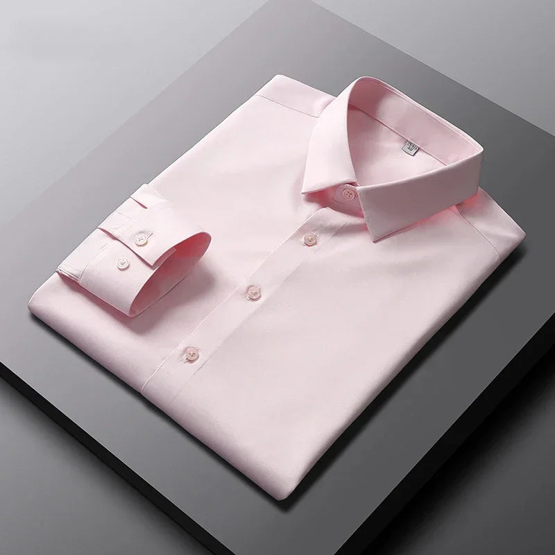 Ansoff men's long sleeve solid color casual shirt, wrinkle-resistant and non-ironing business top, displayed on a hanger.