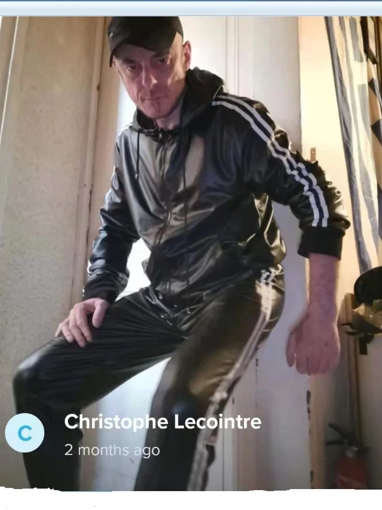 Men's casual PU leather hoodie and jogger suit by Ansoff, featuring a sporty hooded tracksuit set with a modern, stylish design.
