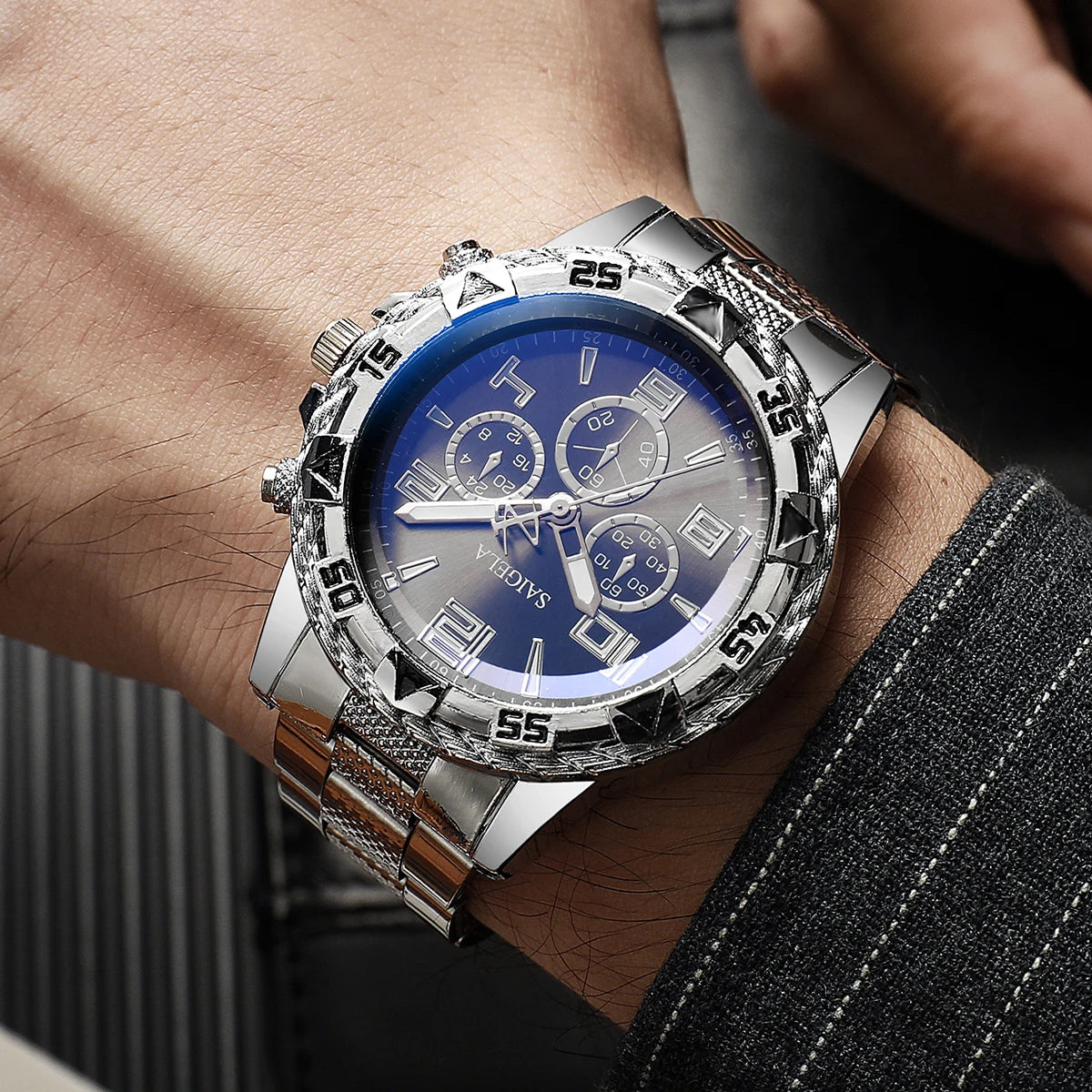 Ansoff men's fashion business watches set with Arabic dial and steel band, includes two quartz watches for men.