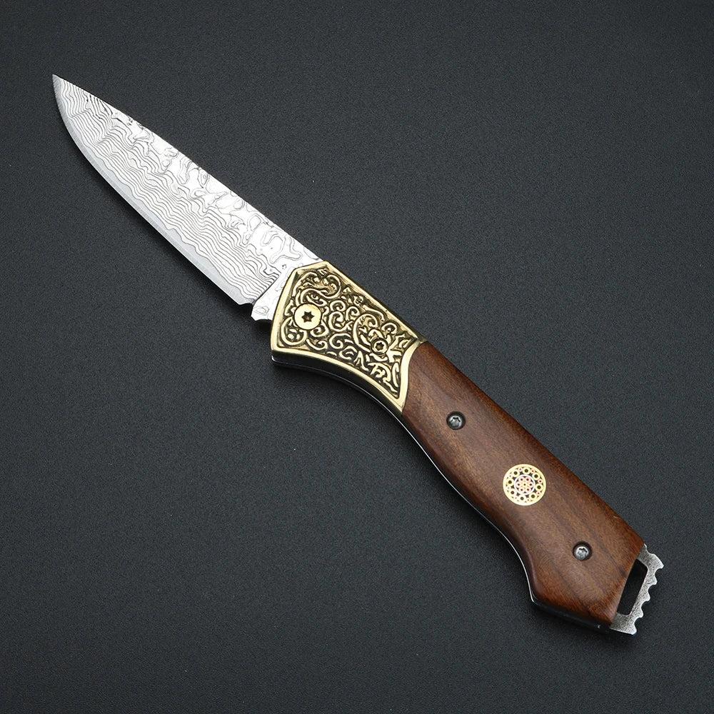 XUANTENG Brass Damascus steel folding knife, high hardness outdoor pocket knife, sharp fruit knife