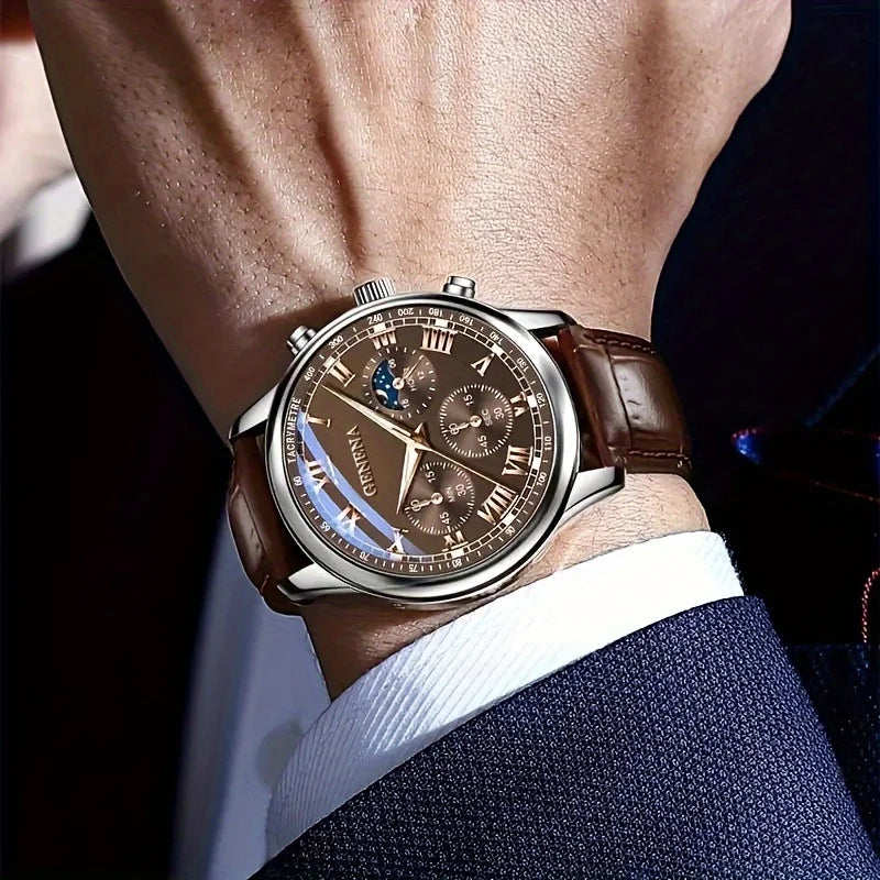 GENEVA High Quality Men's Luxury Belt Fashion Quartz Watch Men Round Business Student Sport Waterproof Glow Clock - Acros