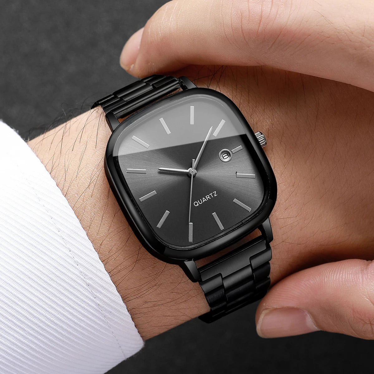 Ansoff men's square business watch with analog display, calendar, quartz movement, black strap, and minimalist design.