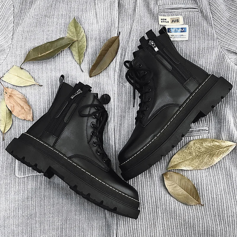 Men's black leather high-top British fashion locomotive work boots by Ansoff with rugged style and durable construction for daily wear.