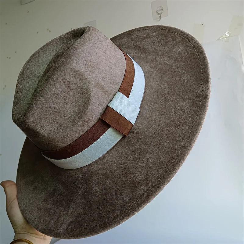Colorblock ribbon suede wide brim felt hat by Ansoff, stylish retro autumn and winter women's and men's British-inspired hat.