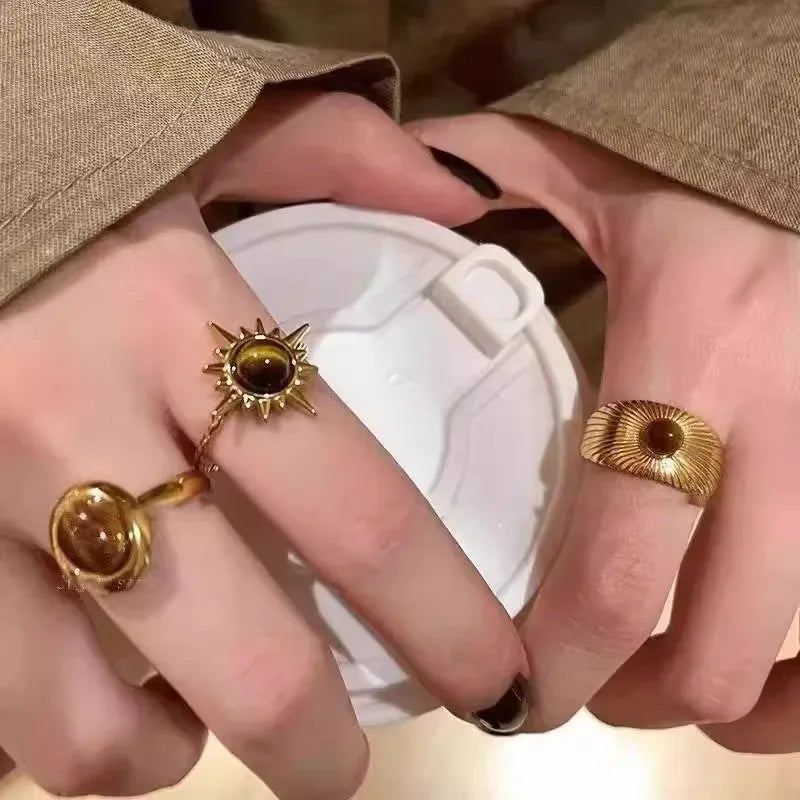 Retro Brown Stone Rings for Women - Irregular Gold Color Adjustable Ring Fashion Jewelry Gifts - Acros