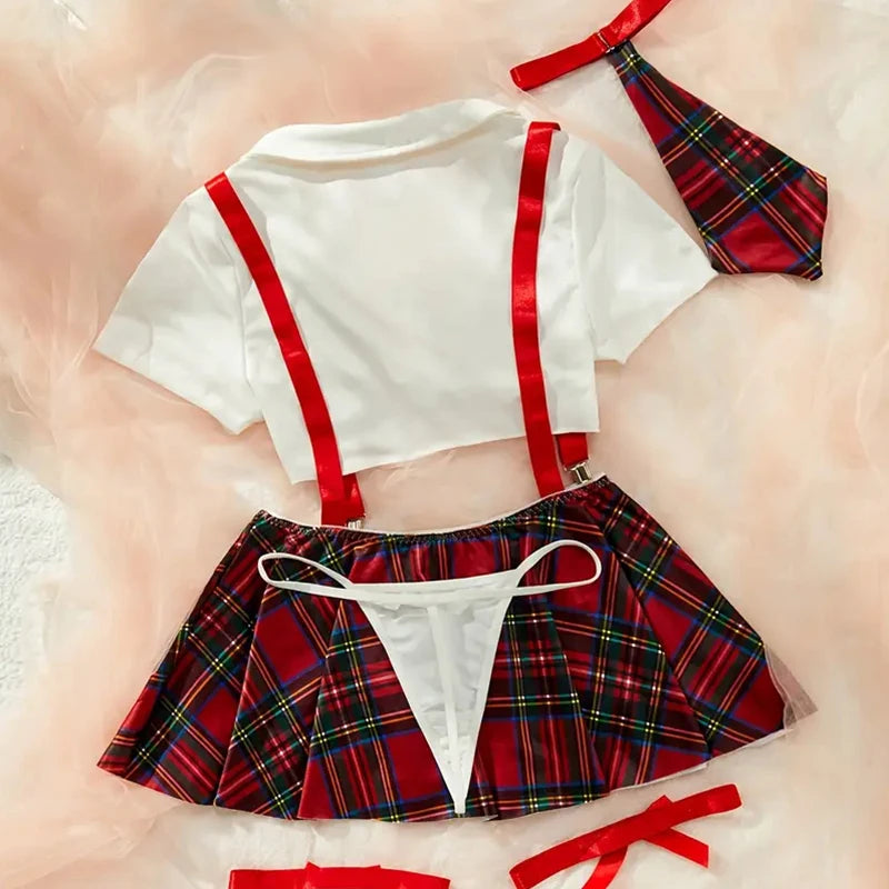 Ansoff women's sexy lingerie uniform suit featuring a plaid skirt, bow knot strap, and tie detail for role-playing costume.