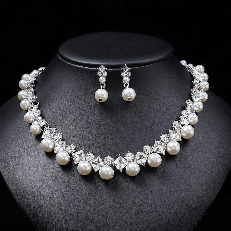 New Fashion personality flower Imitation Pearl Wedding Necklace Earring Set Bridal For Women Elegant Rhinestone Jewelry Gift