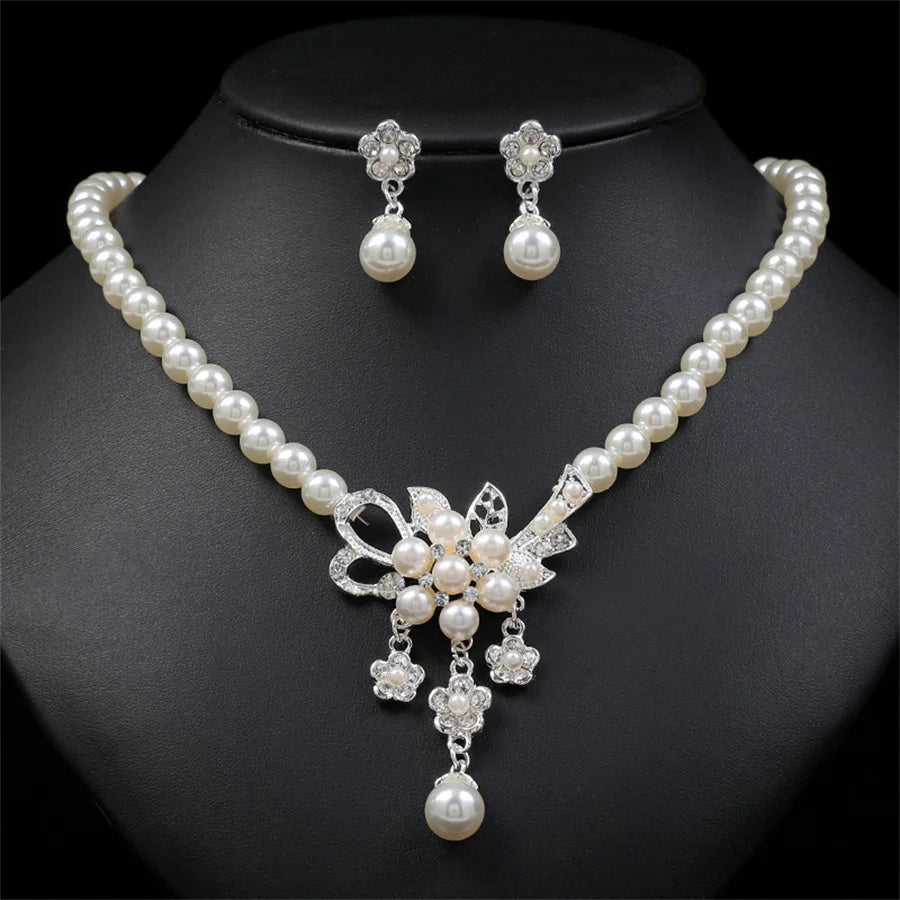 New Fashion personality flower Imitation Pearl Wedding Necklace Earring Set Bridal For Women Elegant Rhinestone Jewelry Gift