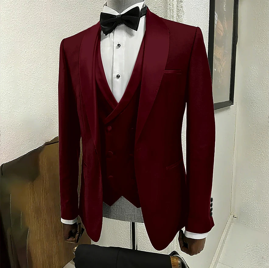 Black men's 3-piece tuxedo with shawl lapel and one button, ideal for formal weddings, parties, and dinners, by Ansoff.