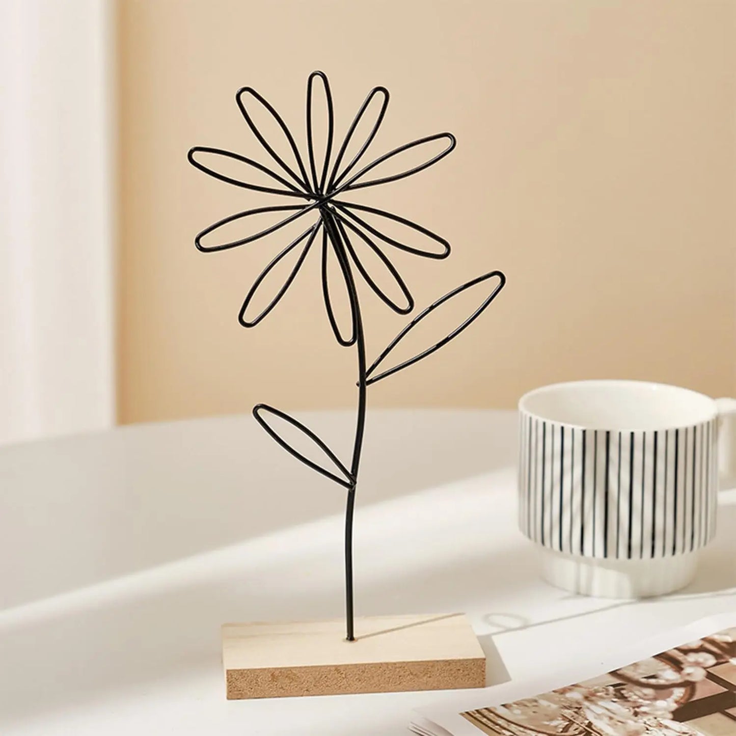 Iron Desktop Art - Rustproof Flower Design Ornament with Wooden Base, Art Crafts for Bedroom, Study Room, Cafe