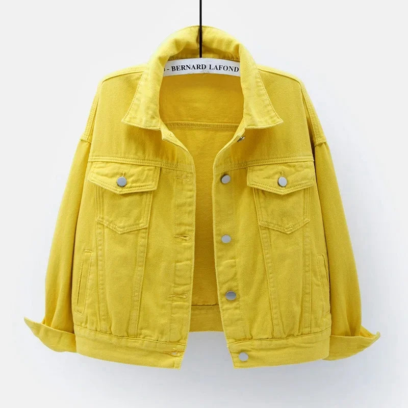 Ansoff women's classic denim jacket with oversized fit, in purple, white, and yellow, styled as a loose boyfriend jean coat.
