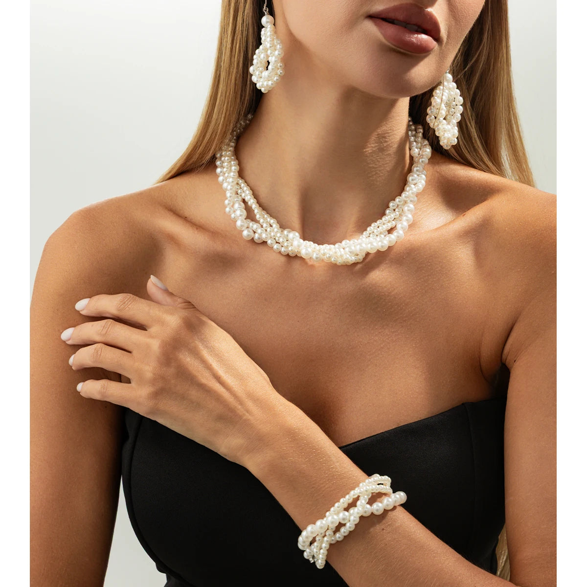 SHIXIN Luxury Imitation Pearl Choker Necklace Drop Earrings Bracelet Jewelry Set for Women Elegant Wedding Bridal Jewelry Gifts