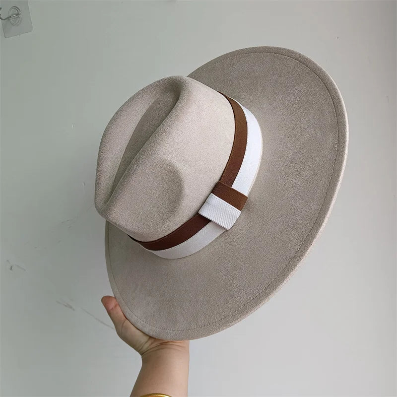Colorblock ribbon colorful suede felt hat with wide brim, women's and men's British-style retro autumn winter fashion by Ansoff.
