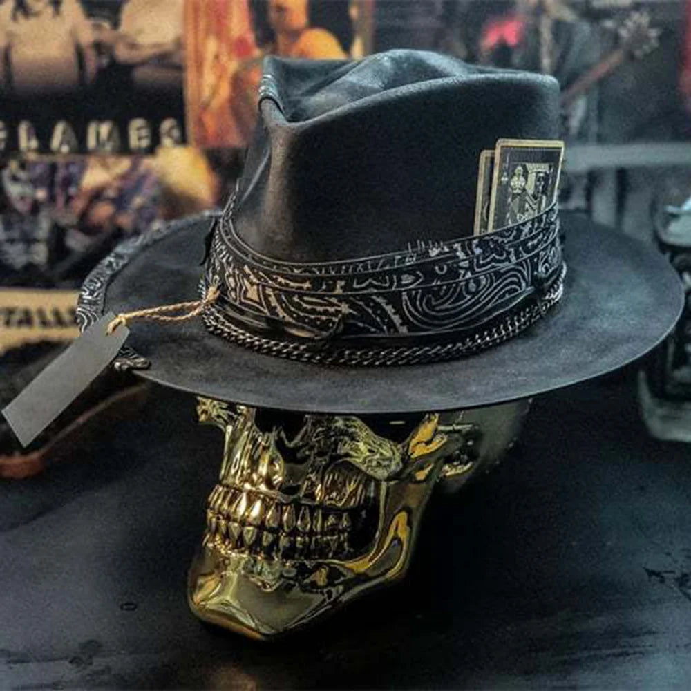 Black Gothic cowboy hat with skull ornament, spooky Halloween headwear, unique festival accessory by Ansoff