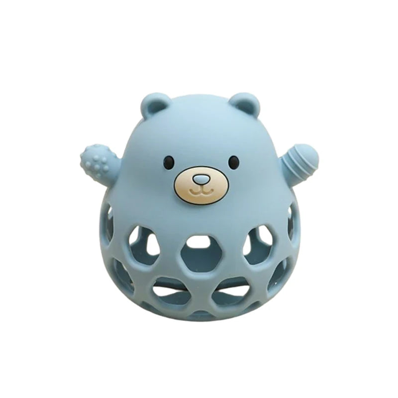 Ansoff baby silicone teether with cartoon bear design, BPA-free teething toy for newborns, featuring colorful, soft silicone material.