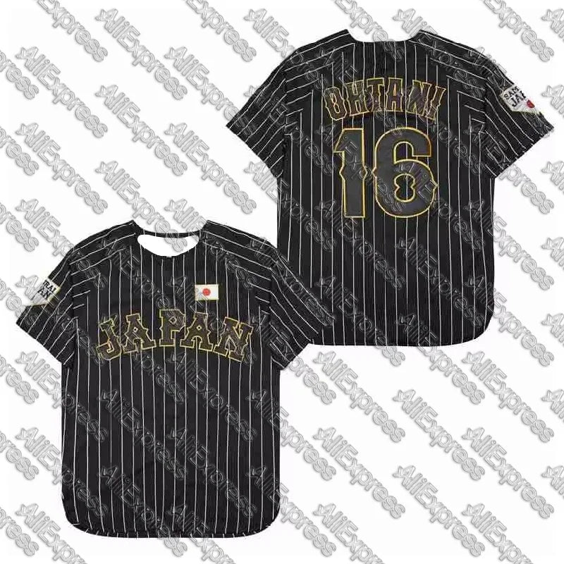 White Japan baseball jersey with black stripes, No. 16 Ohtani, 3D printed sports T-shirt in samurai style by Ansoff